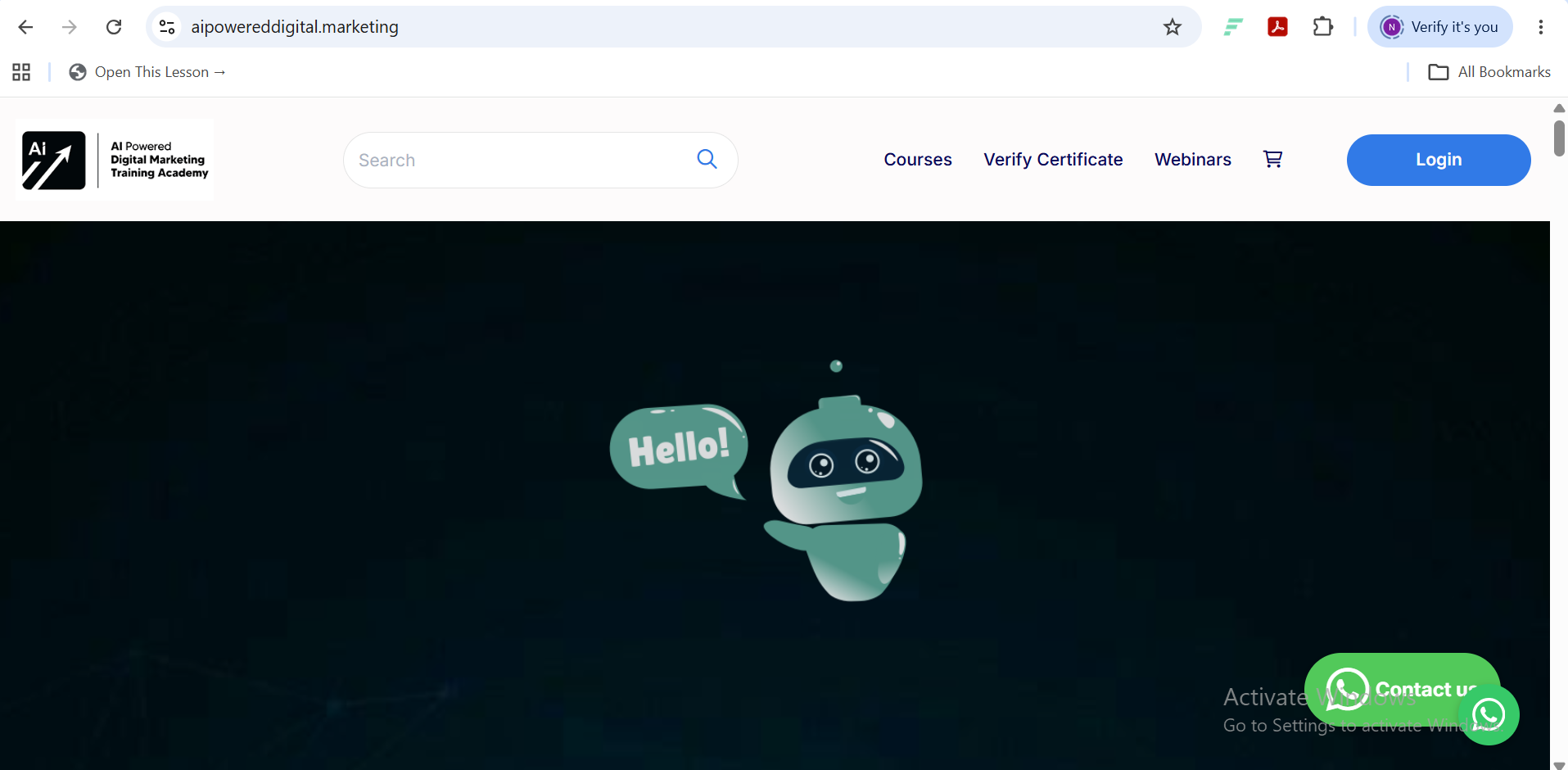 AI Powered Digital Marketing Academy lesson page with the Open This Lesson link