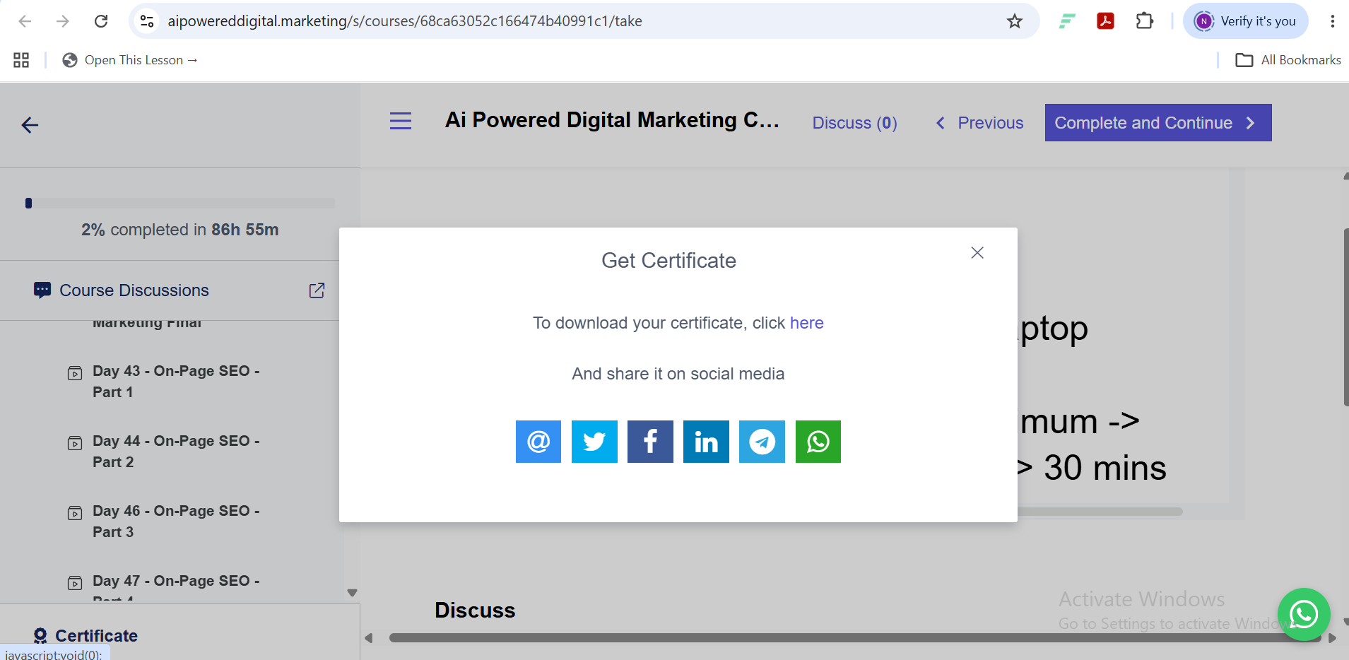 Get Certificate popup with a download link and social sharing buttons