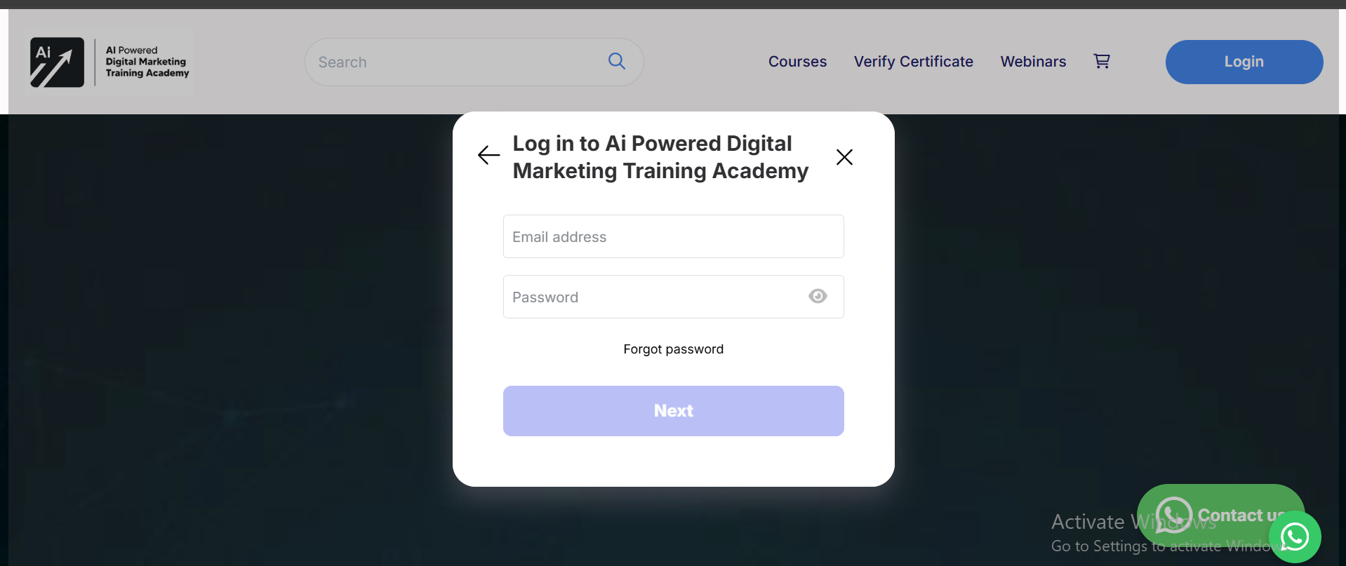 Login dialog with email address and password fields
