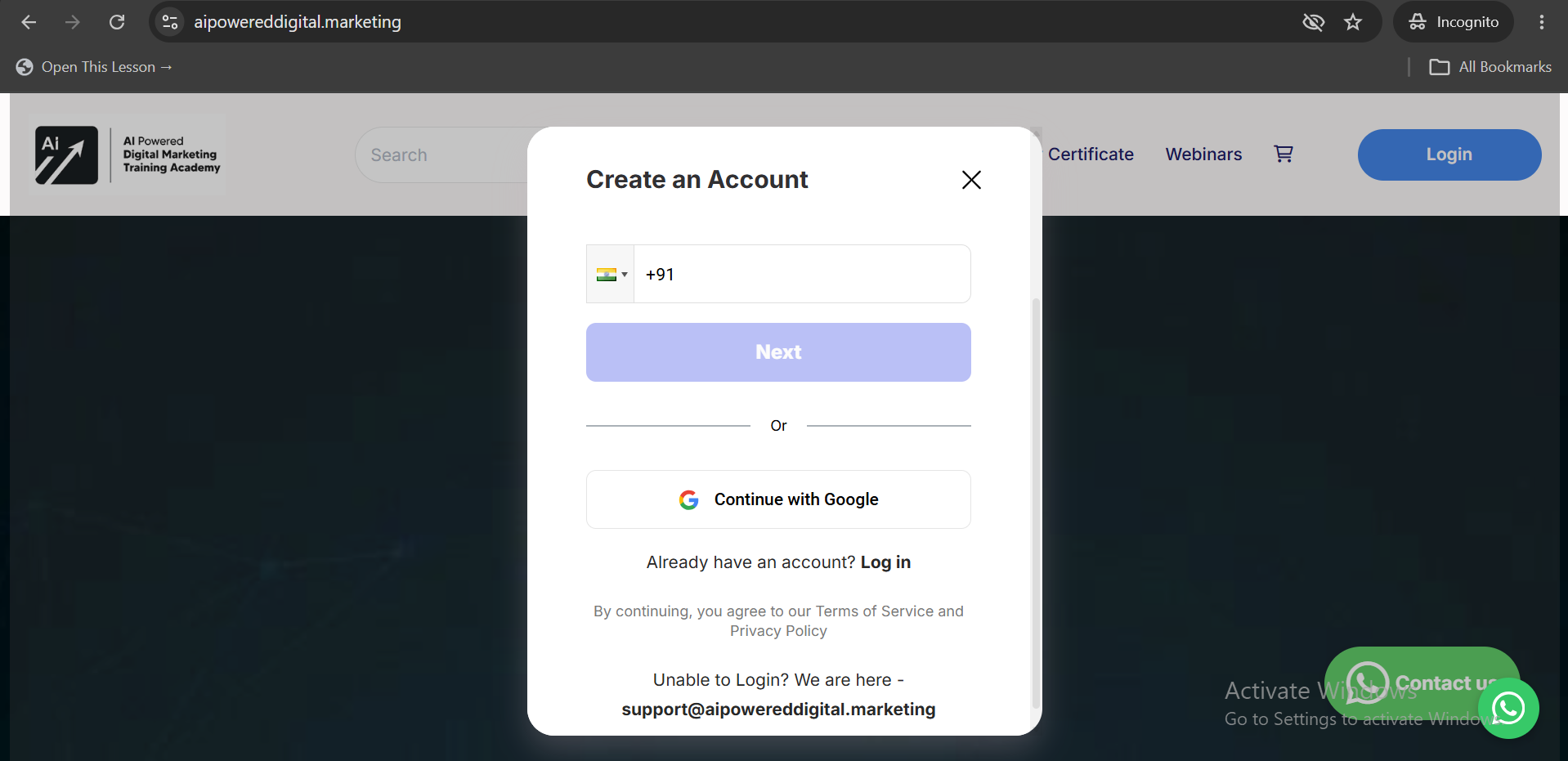 Create an Account dialog with phone number field and Continue with Google option